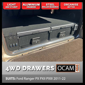 OCAM Aluminium Rear Drawers For Ford Ranger PX PXII PXIII 2011-06/2022, Dual Cab, Black Carpet